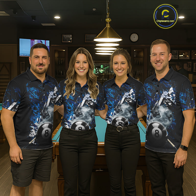 Custom Blue Camo 8 Ball Pool Smoke Billiard Shirt For Men, Billiard Team Jersey Polo & 1/4 Zip TDM6031
