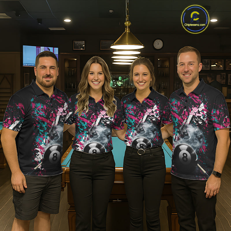Custom Pink And Teal Camo 8 Ball Smoke Billiard Shirt For Women, Pool Team Jersey Polo & 1/4 Zip TDM6033