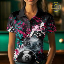 Load image into Gallery viewer, Custom Pink And Teal Camo 8 Ball Smoke Billiard Shirt For Women, Pool Team Jersey Polo &amp; 1/4 Zip TDM6033