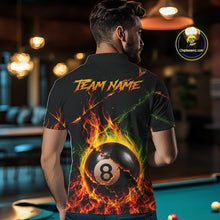 Load image into Gallery viewer, Back view of man wearing a crack fire flame 8 ball pool shirt in a billiards hall.