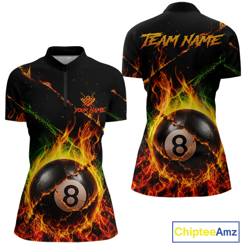Crack fire flame 8 ball pool billiard quarter zip shirt for women designed for tournaments and league play.