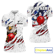 Load image into Gallery viewer, White grunge American flag eagle bowling quarter zip shirt for women designed for league tournaments and team events.