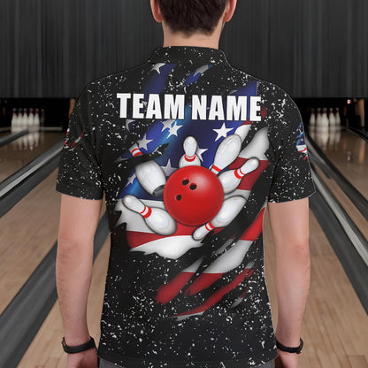 Back view of man wearing a black grunge American flag eagle bowling polo shirt inside a bowling alley.