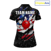 Load image into Gallery viewer, Black grunge American flag eagle bowling polo shirt for women with patriotic team graphics.