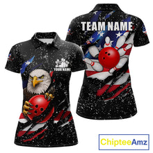 Load image into Gallery viewer, Black grunge American flag eagle bowling polo shirt for women with patriotic team graphics.
