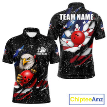 Load image into Gallery viewer, Black grunge American flag eagle bowling polo shirt for men with patriotic team graphics.