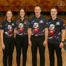 Load image into Gallery viewer, Bowling team wearing matching black grunge American flag eagle bowling jerseys during league competition front view.