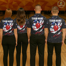 Load image into Gallery viewer, Back view of bowling team wearing matching patriotic eagle bowling shirts in a bowling alley.