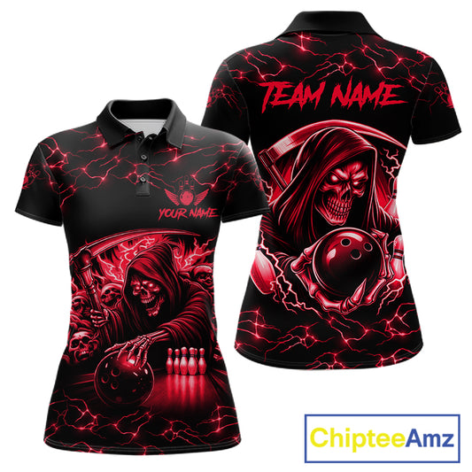 Custom red grim reaper lightning bowling team jersey polo shirt for women, skull bowling league apparel with bold lightning graphics.