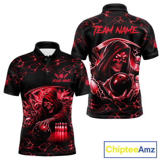 Custom red grim reaper lightning bowling team jersey polo shirt for men, skull bowling league apparel with bold lightning graphics.