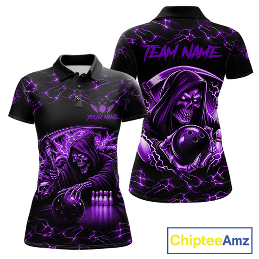 Custom purple grim reaper lightning bowling team jersey polo shirt for women, skull bowling league apparel with bold lightning graphics.