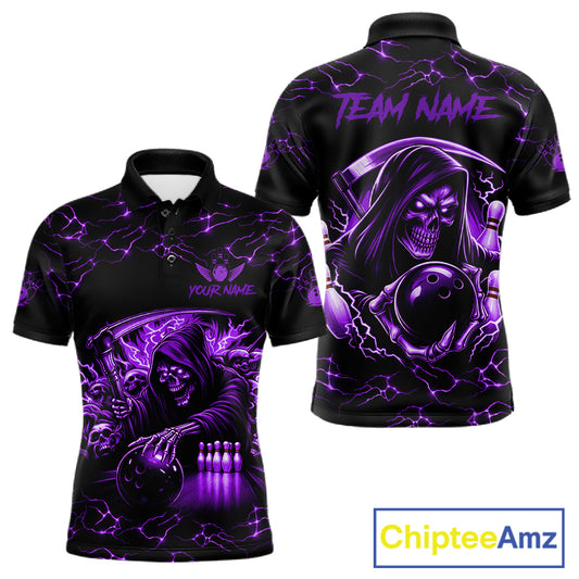 Custom purple grim reaper lightning bowling team jersey polo shirt for men, skull bowling league apparel with bold lightning graphics.
