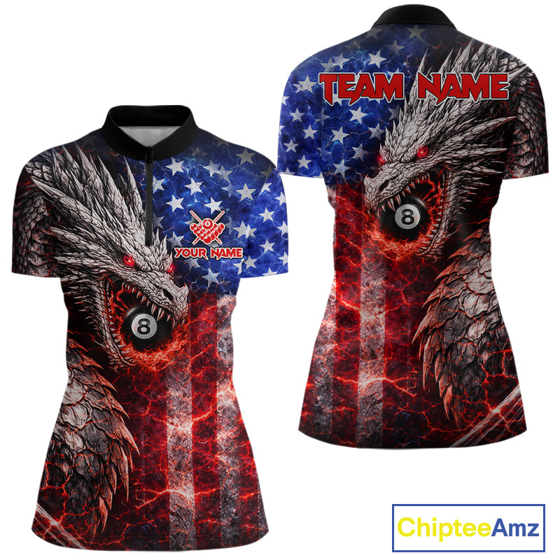 American Flag Dragon 8 Ball Billiard Shirt For Women Custom Lightning Pool Team Jersey Polo, 1/4 Zip TDM6034