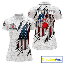 Load image into Gallery viewer, Vintage American flag white bowling polo shirt for women with patriotic team graphics.
