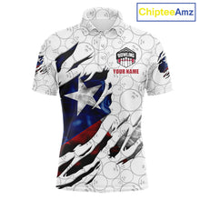 Load image into Gallery viewer, Smoke Texas flag white bowling polo shirt for men with patriotic bowling team graphics.