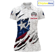 Load image into Gallery viewer, Smoke Texas flag white bowling polo shirt for women with patriotic bowling team graphics.
