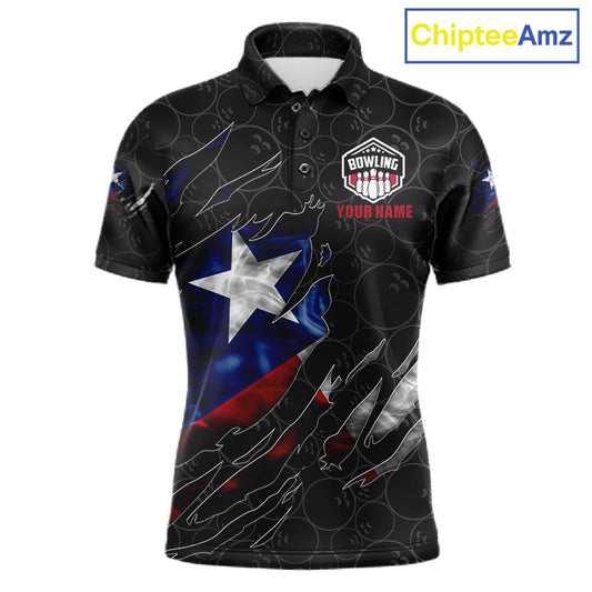 Smoke Texas flag black bowling polo shirt for men with patriotic bowling team graphics.