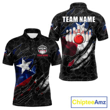 Load image into Gallery viewer, Smoke Texas flag black bowling polo shirt for men with patriotic bowling team graphics.