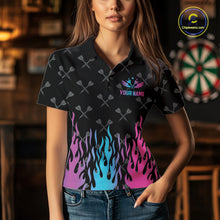 Load image into Gallery viewer, Woman wearing a dartboard neon fire flame darts jersey at a darts venue front view.