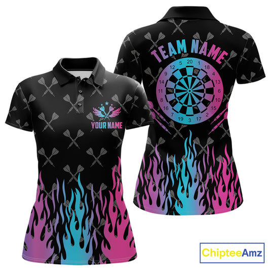 Dartboard neon fire flame darts polo shirt for women with custom darts team graphics.