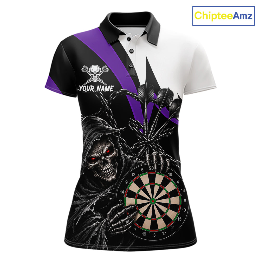 Personalized Grim Reaper Chain Darts Shirts For Women Custom Skull Darts League Team Jersey | Purple TDM7185