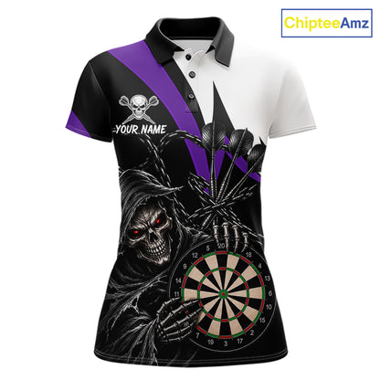 Personalized Grim Reaper Chain Darts Shirts For Women Custom Skull Darts League Team Jersey | Purple TDM7185