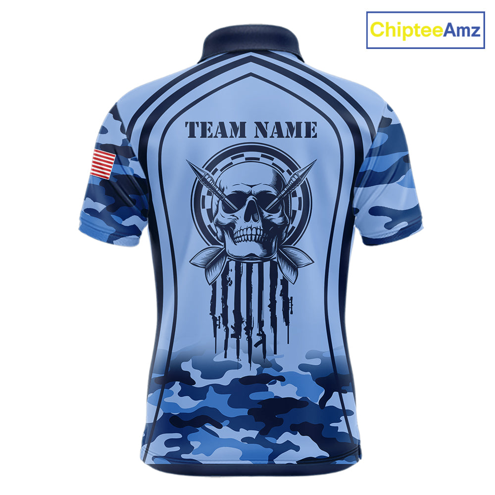 Vintage Blue Camo Darts Polo & Quarter Zip Custom Dart Shirts For Men, Camouflage Dart Team Jersey TDM7192