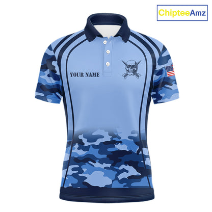 Vintage Blue Camo Darts Polo & Quarter Zip Custom Dart Shirts For Men, Camouflage Dart Team Jersey TDM7192