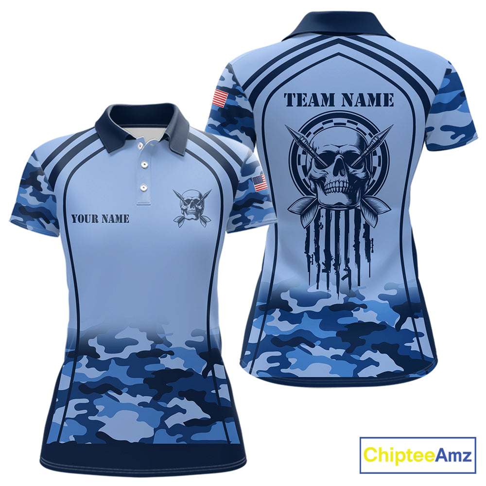 Vintage Blue Camo Darts Polo & Quarter Zip Custom Dart Shirts For Women, Camouflage Dart Team Jersey TDM7192