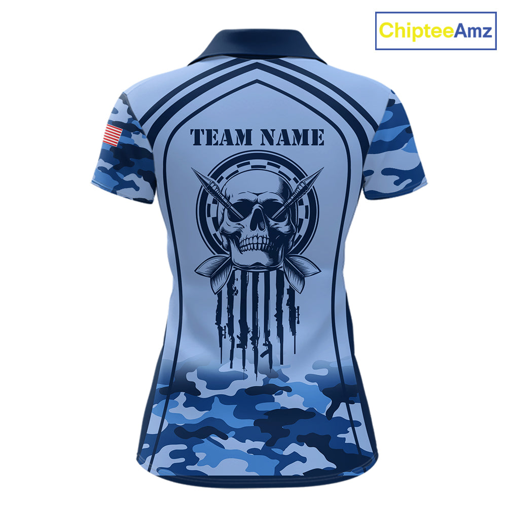 Vintage Blue Camo Darts Polo & Quarter Zip Custom Dart Shirts For Women, Camouflage Dart Team Jersey TDM7192