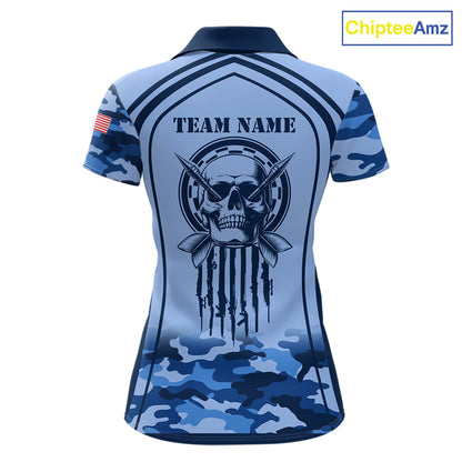 Vintage Blue Camo Darts Polo & Quarter Zip Custom Dart Shirts For Women, Camouflage Dart Team Jersey TDM7192