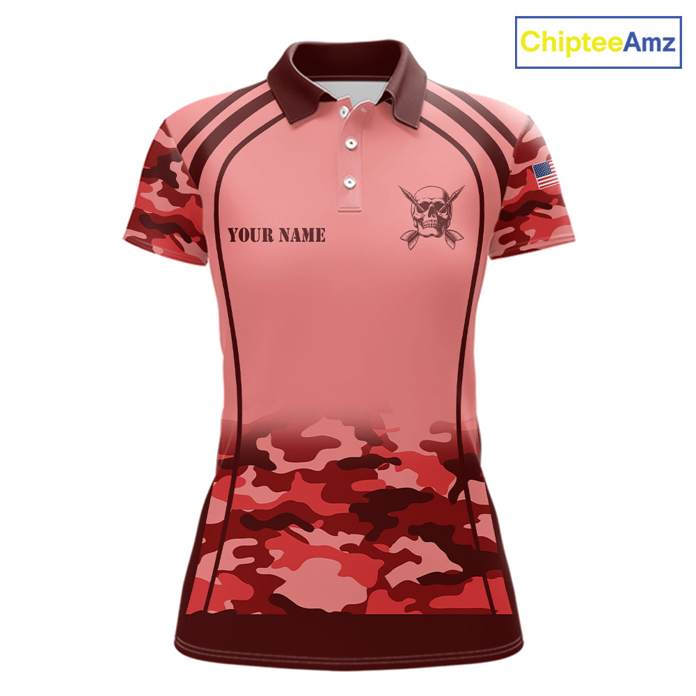 Vintage Red Camo Darts Polo, Quarter Zip Custom Dart Shirts For Women, Camouflage Dart Team Jersey TDM7193