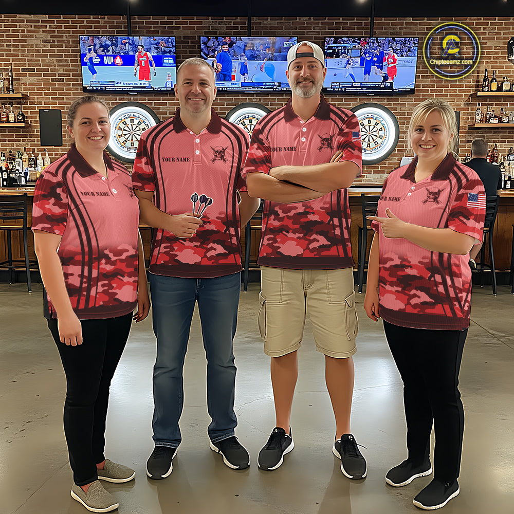 Vintage Red Camo Darts Polo, Quarter Zip Custom Dart Shirts For Women, Camouflage Dart Team Jersey TDM7193
