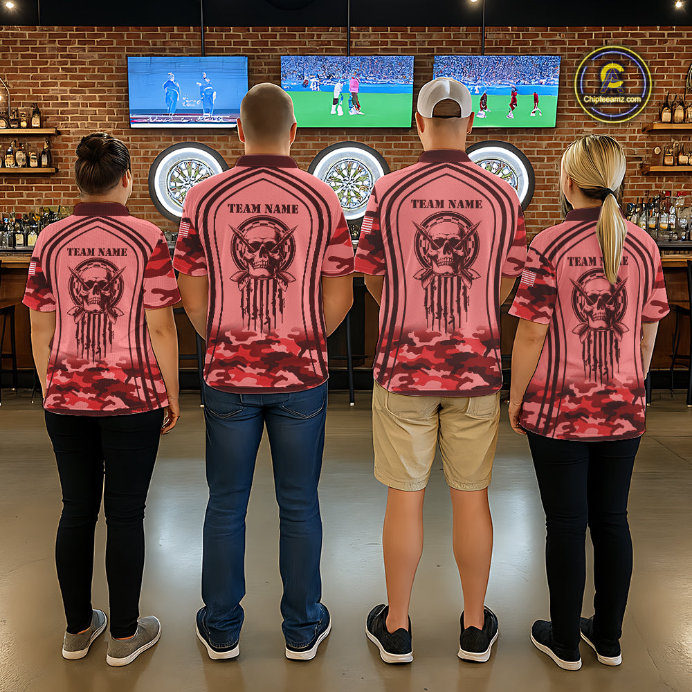 Vintage Red Camo Darts Polo, Quarter Zip Custom Dart Shirts For Women, Camouflage Dart Team Jersey TDM7193