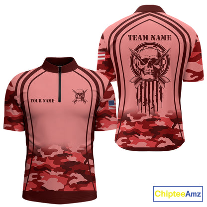 Vintage Red Camo Darts Polo, Quarter Zip Custom Dart Shirts For Men, Camouflage Dart Team Jersey TDM7193