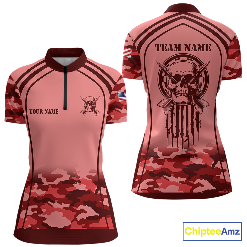 Vintage Red Camo Darts Polo, Quarter Zip Custom Dart Shirts For Women, Camouflage Dart Team Jersey TDM7193