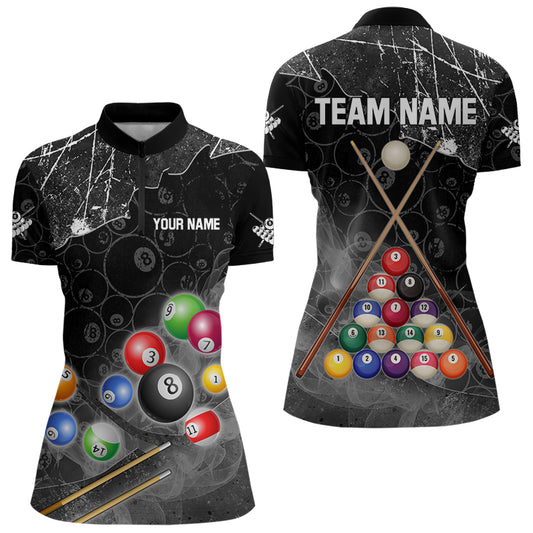 Personalized 8 Ball Pattern Smoke Women Billiard Shirts Custom 3D Billiard Balls Pool Jerseys | Black TDM3190