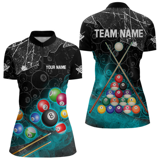 Personalized 8 Ball Pattern Smoke Women Billiard Shirts Custom Billiard Ball Pool Jerseys | Turquoise TDM3191