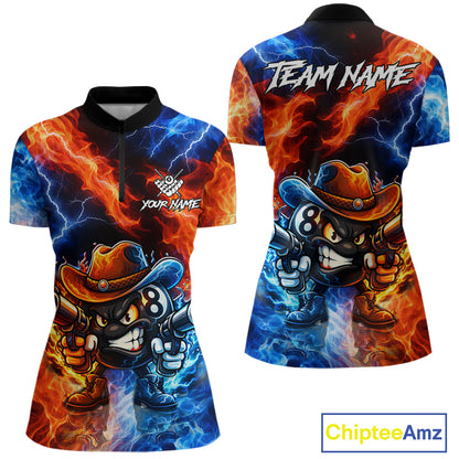 Blue And Orange Funny 8 Ball Flame Billiard Shirt For Women, Pool Team Jersey Polo & 1/4 Zip TDM6051