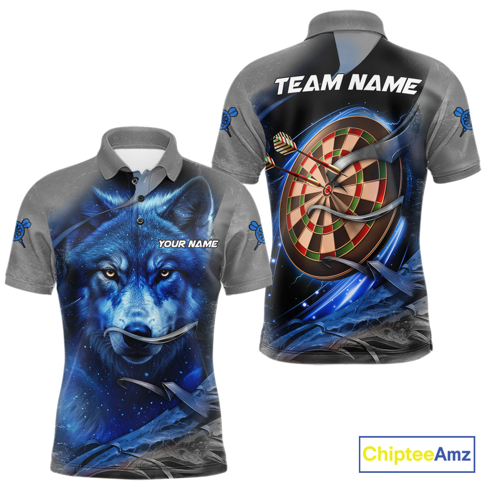 Personalized Wolf Lightning Darts Shirt For Men, Darts Team Jersey Polo & 1/4 Zip |Blue TDM6305