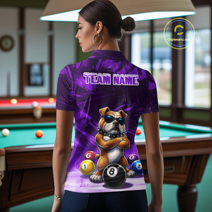 Funny Bulldog Pool Balls Billiard Shirt For Women Custom Billiard Team Jersey Polo & 1/4 Zip |Purple TDM6478