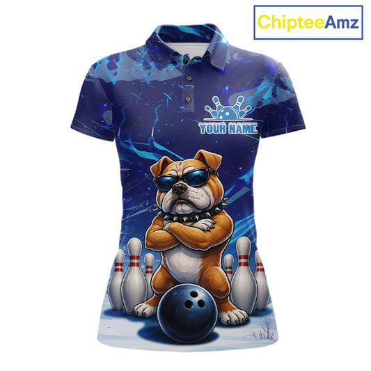 Personalized Blue Funny Bulldog Bowling Shirt For Women Custom Bowling Team Jersey Polo & 1/4 Zip TDM6480