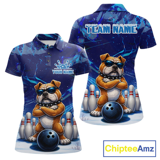 Personalized Blue Funny Bulldog Bowling Shirt For Women Custom Bowling Team Jersey Polo & 1/4 Zip TDM6480