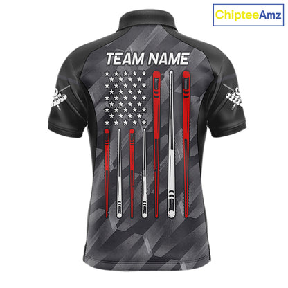 Metal grey American flag 8 ball billiard polo shirt for men with patriotic pool team graphics.