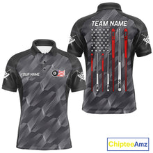 Load image into Gallery viewer, Metal grey American flag 8 ball billiard polo shirt for men with patriotic pool team graphics.