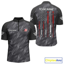 Load image into Gallery viewer, Metal grey American flag 8 ball billiard quarter zip shirt for men designed for league tournaments and team events.