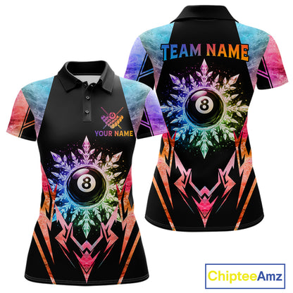 Custom colorful 8 ball pool icy billiard team jersey polo shirt for women featuring vibrant frozen ice artwork, premium pool league apparel for tournaments and competitive billiard players.