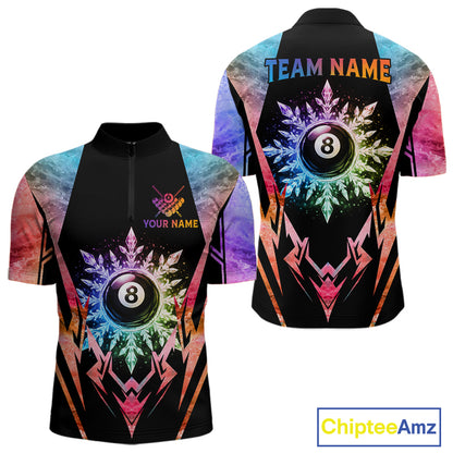 Custom colorful 8 ball pool icy billiard team jersey quarter zip shirt for men featuring colorful frozen 8 ball artwork and premium billiard league styling.