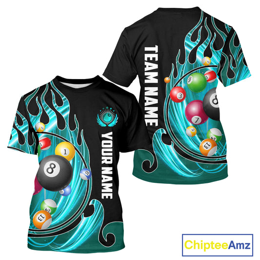 Blue Cyan Pool Balls Fire Flame Billiard T-Shirt For Men Custom Pool Team Shirt, Billiard Jersey TDM2720