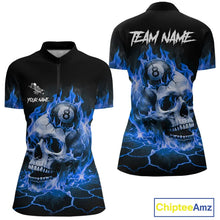 Load image into Gallery viewer, Blue Flaming Skull 8 Ball Billiard Shirt For Women Custom Pool Team Jersey Polo &amp; Quarter Zip TDM5422